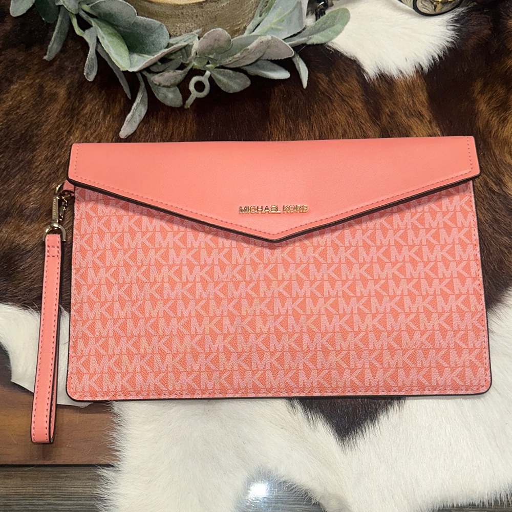Michael Kors Coral Monogram Wristlet Clutch